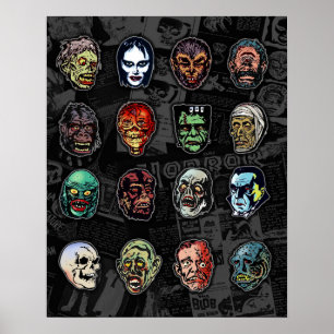 Monster Masks Färg Poster - Retro Halloween