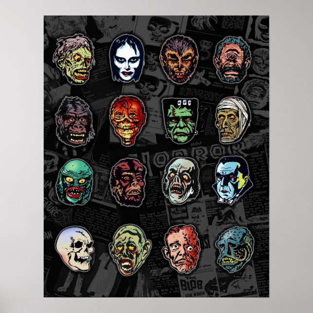 Monster Masks Färg Poster - Retro Halloween (Framsidan)