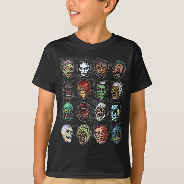 Monster Masks Färg Youth T-Shirt - Halloween (Framsida)