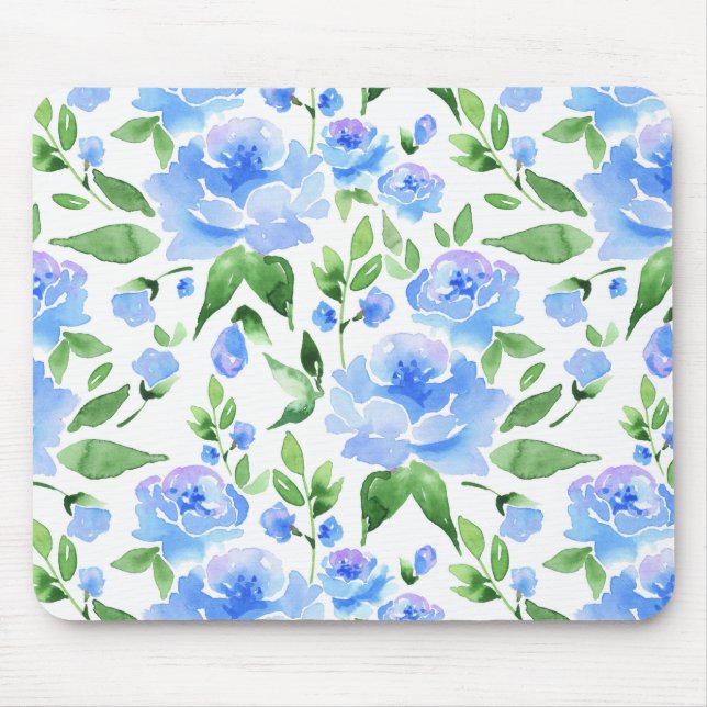 Mönster med blå vattenfärgblommor musmatta (Framsidan)