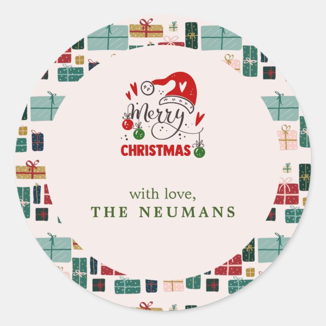 Mönster med färgad julklapp runt klistermärke (Framsida)