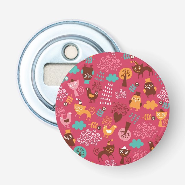 Mönster med gulliga fåglar och katter flasköppnare (Framsidan)