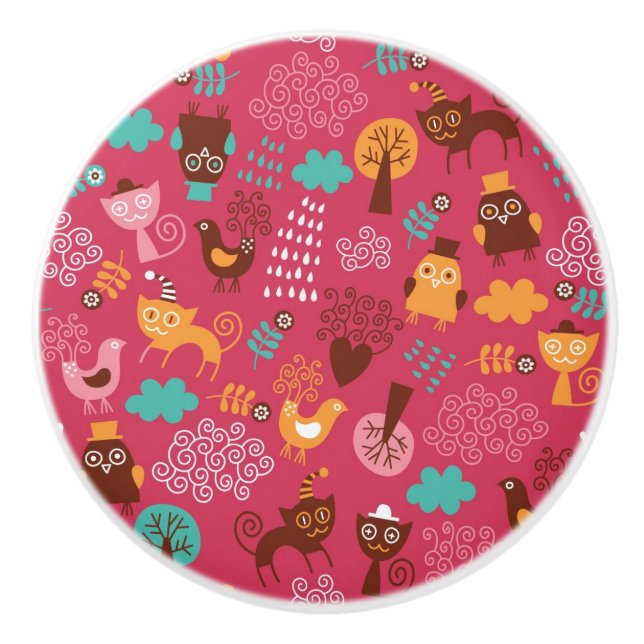 Mönster med gulliga fåglar och katter knopp (Framsidan)