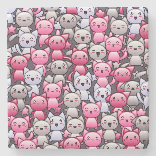 mönster med gulliga kawaiiklotterkatter 2 underlägg sten (Framsidan)