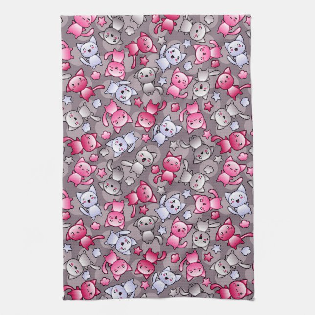 mönster med gulliga kawaiiklotterkatter kökshandduk (Vertikal)
