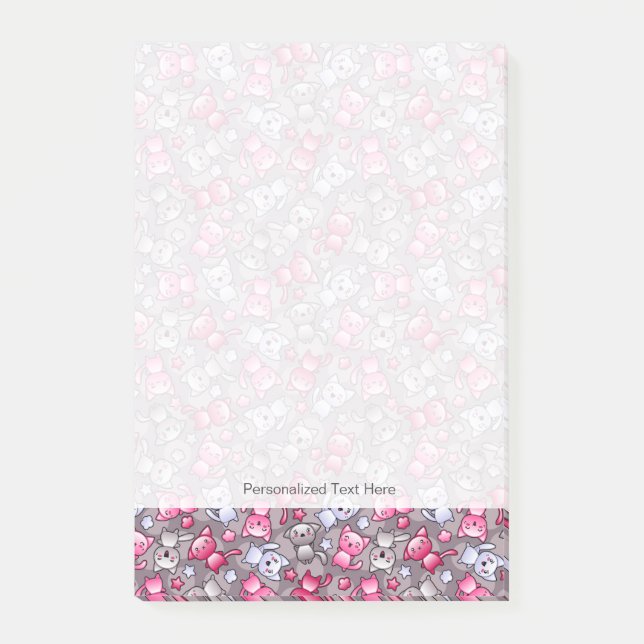 mönster med gulliga kawaiiklotterkatter post-it block (Framsida)