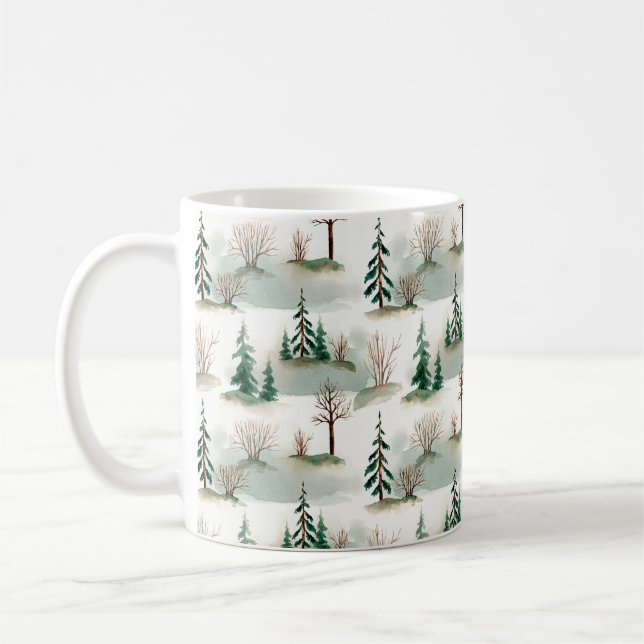 Mönster med Julgranar, träd och buskar. Bl Kaffemugg (Vänster)