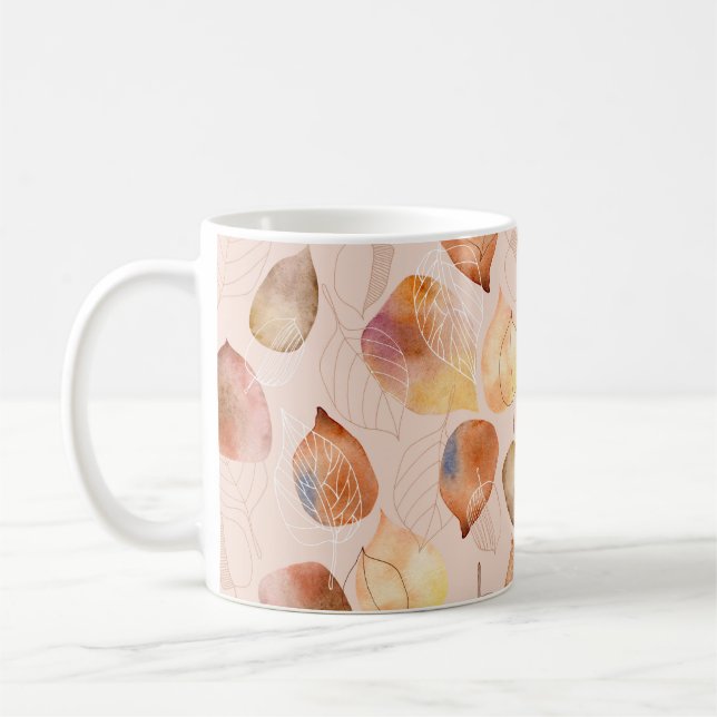 Mönster med löv. Bild och vattenfärg löv.  Kaffemugg (Vänster)