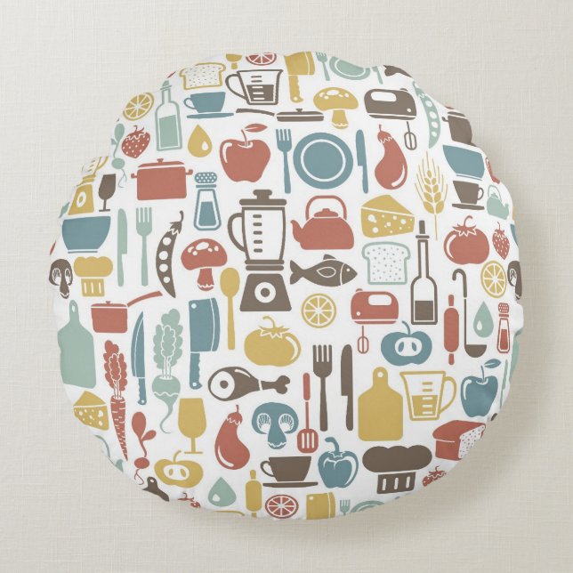 Mönster med matlagningsymboler rund kudde (Framsidan)