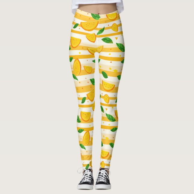 Mönster med Orange med Grönt Löv Leggings (Framsida)