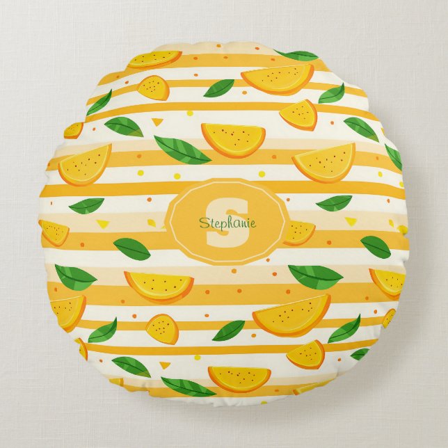 Mönster med Orange med Grönt Löv Rund Kudde (Framsidan)