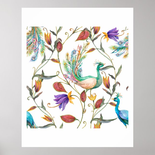  Mönster med påfågel och blommor l Poster (Framsidan)