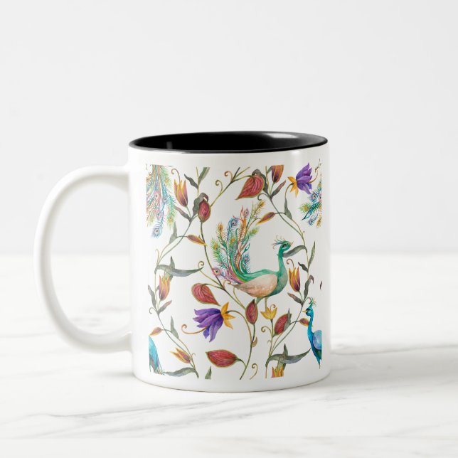  Mönster med påfågel och blommor  påfågel  Två-Tonad Mugg (Vänster)