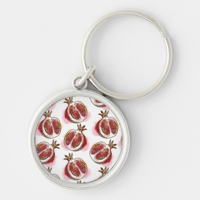 Mönster med pomegranaten rund silverfärgad nyckelring (Framsidan)