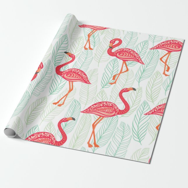 Mönster med rosa flamingo-prydnadsföremål på bakgr presentpapper (Utrullad)