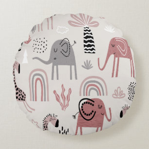 mönster med söta elefanter och giraffes-jätten rund kudde