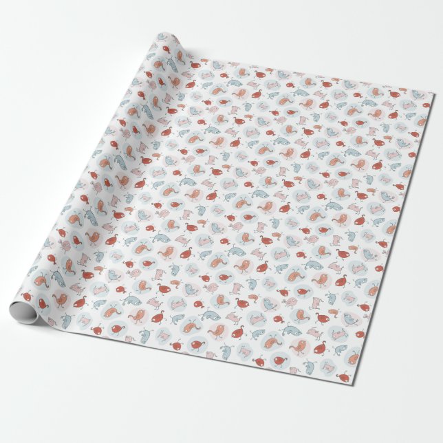 mönster med tecknad fåglar presentpapper (Utrullad)
