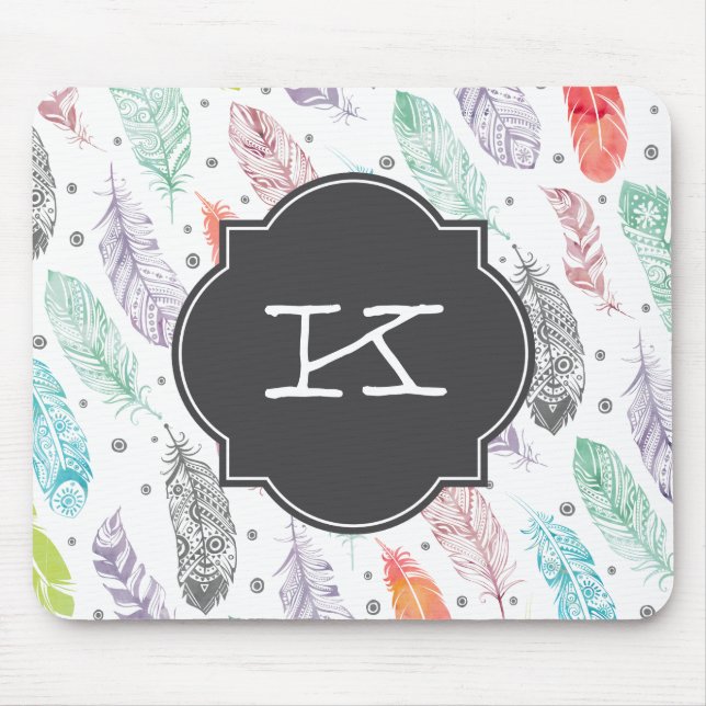 Mönster Mousepad för Monogramvattenfärgfjäder Musmatta (Framsidan)