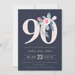 MÖNSTER NAVY ROSÉ BLÅ BLOMSTRET 90-ÅRS FÖDELSEDAG INBJUDNINGAR