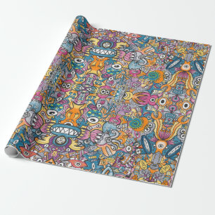 Monster och robotar i en tokig mönster presentpapper