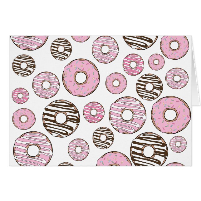 Mönster om Donuts, Rosa Donuts, vita Donuts Hälsningskort (Framsidan Horizontal)