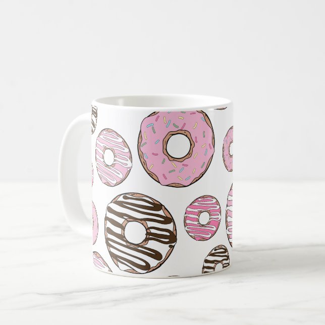 Mönster om Donuts, Rosa Donuts, vita Donuts Kaffemugg (Framsida vänster)