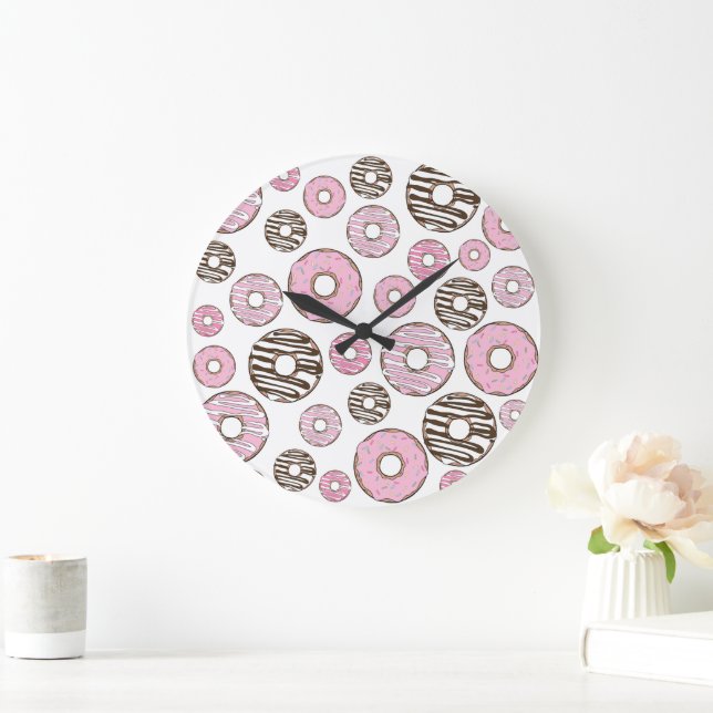 Mönster om Donuts, Rosa Donuts, vita Donuts Stor Klocka (Hem)
