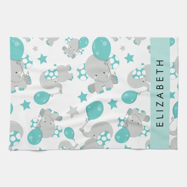 Mönster om elefanter, Cute Elephants, ditt namn Kökshandduk (Horisontell)