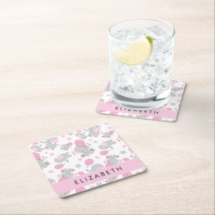 Mönster om elefanter, Cute Elephants, ditt namn Underlägg Papper Kvadrat