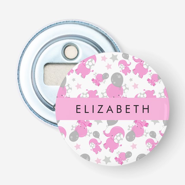 Mönster om Rosa elefanter, stjärnor, ditt namn Flasköppnare (Framsidan)