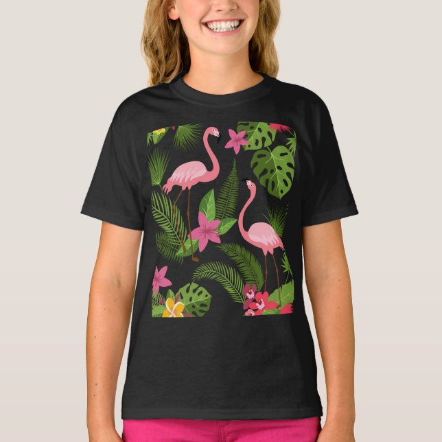 Mönster Påfågel Rosa med Blomma T-Shirt (Framsida)