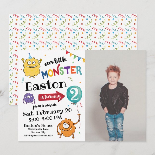 Monster Photo Birthday-inbjudan Inbjudningar (Fram/baksida)