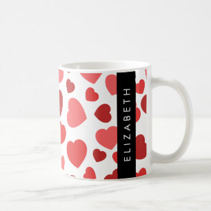 Mönster, röda hjärtan, ditt namn kaffemugg
