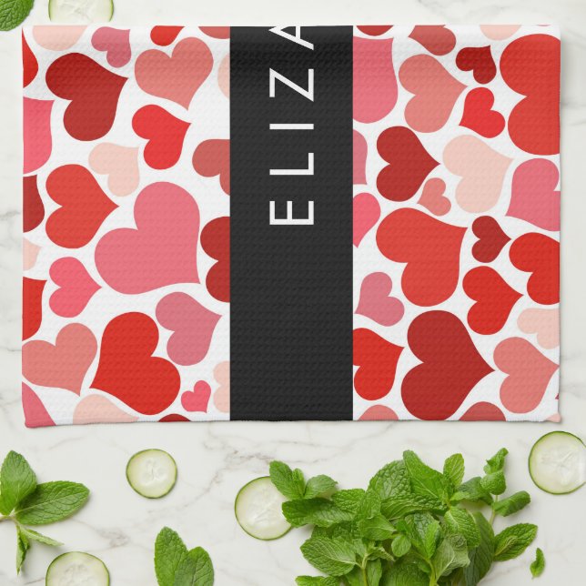 Mönster, Röda hjärtan, Kärlek, ditt namn Kökshandduk (Vikta)