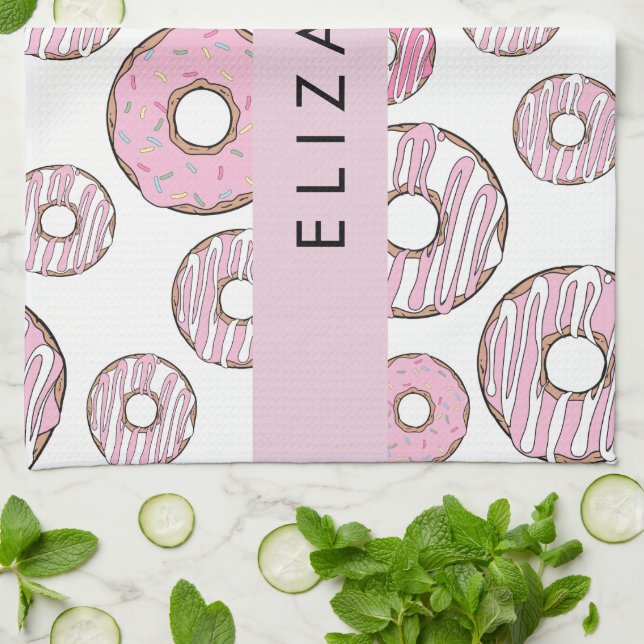 Mönster, Rosa Donuts, Icing, ditt namn Kökshandduk (Vikta)