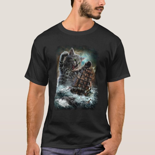 Monster Tabby Katt Bakhåll Battle Ship T Shirt (Framsida)