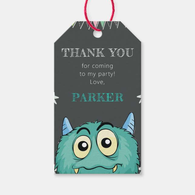 Monster Theme Birthday Tack Presentetikett (Framsidan)