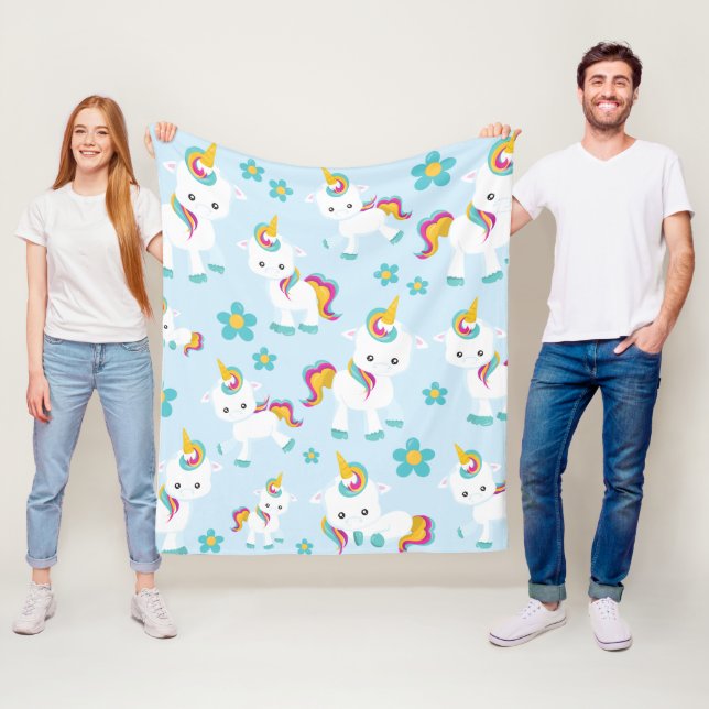Mönster till Unicorns, Cute Unicorns, Flowers Fleecefilt (På plats)