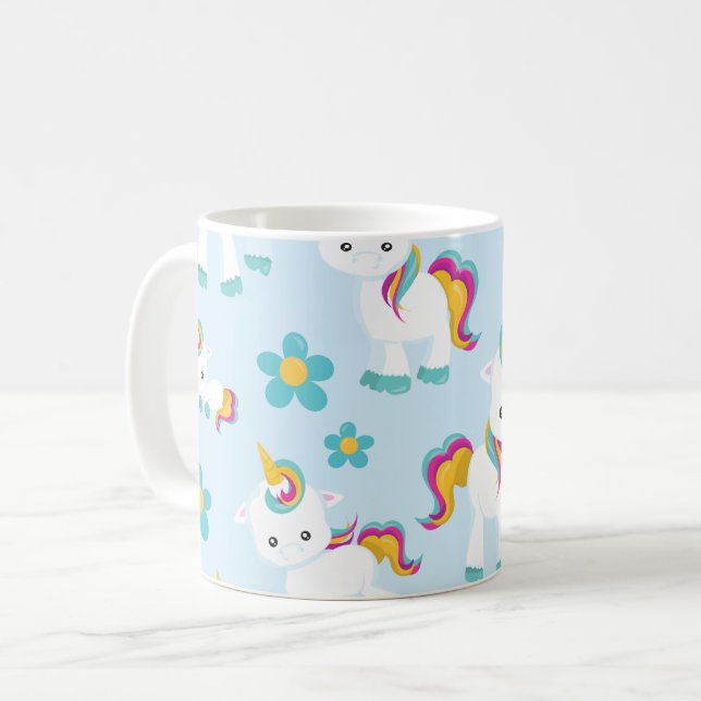 Mönster till Unicorns, Cute Unicorns, Flowers Kaffemugg (Framsida vänster)
