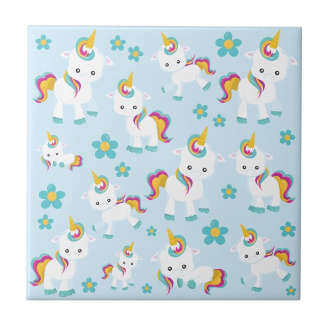 Mönster till Unicorns, Cute Unicorns, Flowers Kakelplatta (Framsidan)