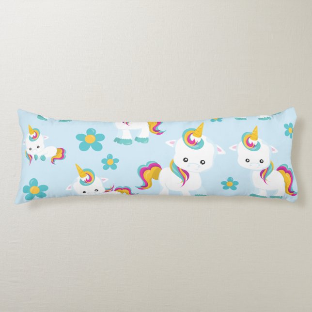 Mönster till Unicorns, Cute Unicorns, Flowers Kroppskudde (Framsidan)