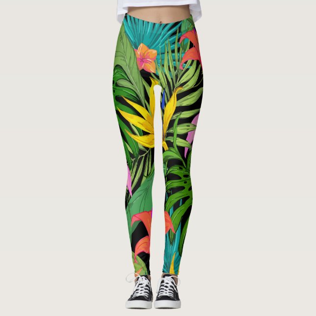 Mönster Tropical Flowers Löv Leggings (Framsida)