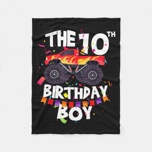 Monster Truck 10th Birthday Boy Funny 10 Years Old Fleecefilt (Framsidan)