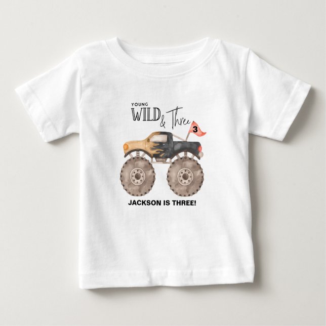 Monster truck 3-års födelsedag Young Wild och TRE T Shirt (Framsida)