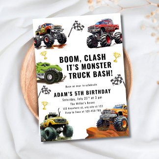 Monster Truck Bash Birthday For Boys Race Car  Inbjudningar