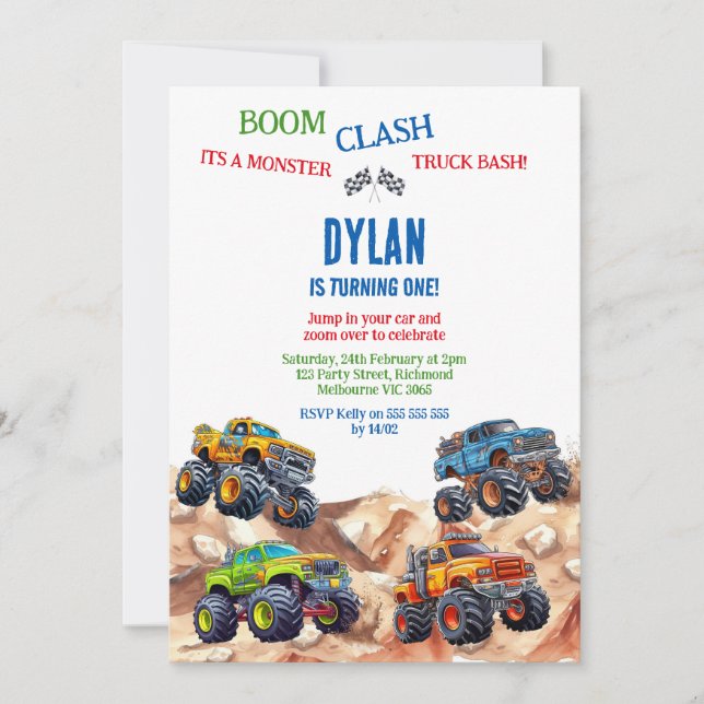 Monster Truck Bash Boy Birthday Invitation Inbjudningar (Framsida)