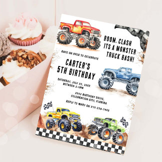 Monster Truck Bash Boy Birthday Invitation Inbjudningar