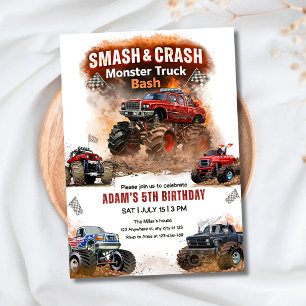 Monster Truck Bash Födelsedags Pojkar Racing Bilar Inbjudningar