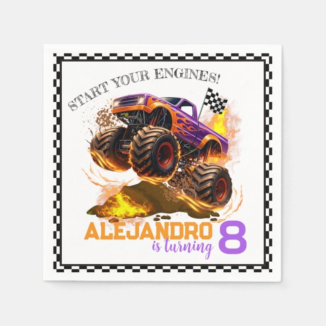 Monster Truck Birthday Fire Flames  Pappersservett (Framsidan)