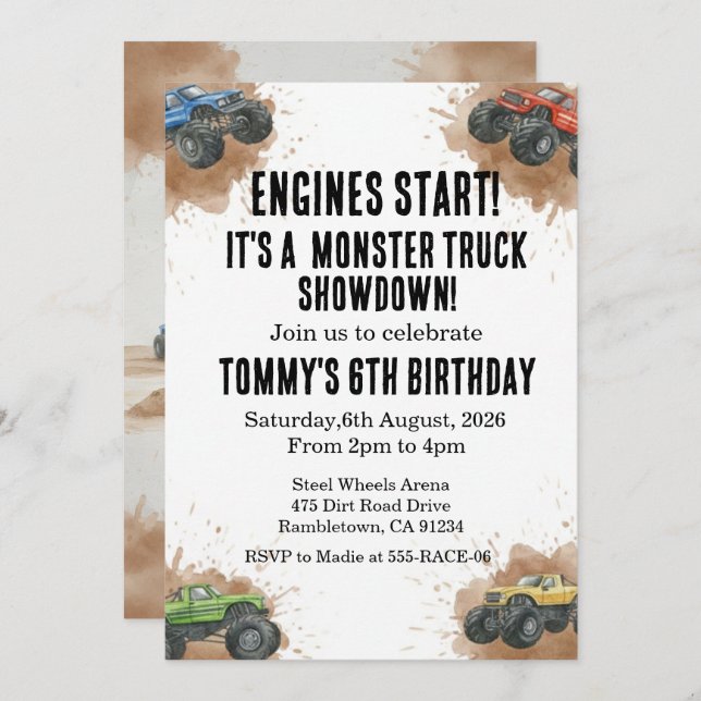 Monster Truck Birthday Invitation Inbjudningar (Fram/baksida)